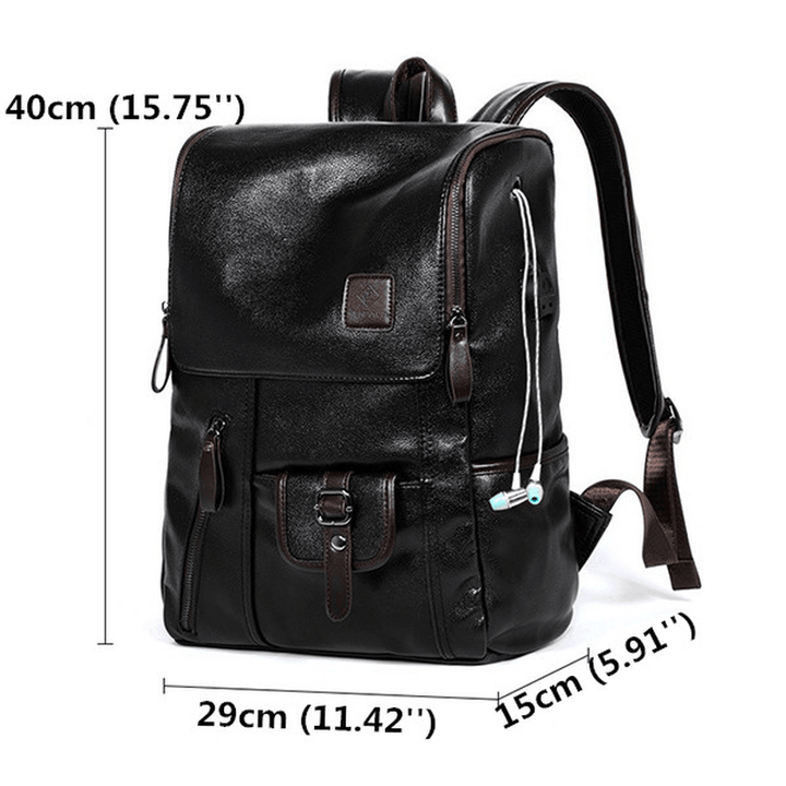 Men PU Leather Solid Vintage Large Capacity Backpack USB Charging Shoulder Bag - MRSLM