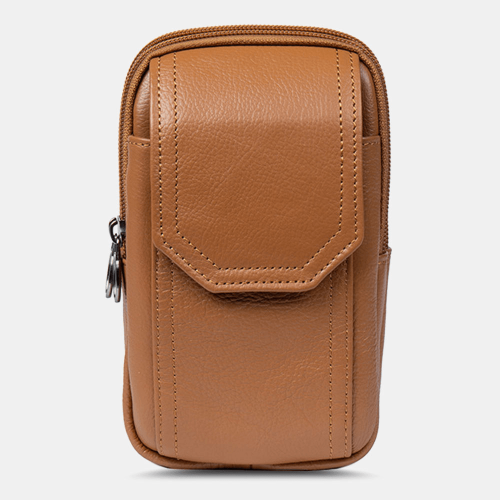 Men Genuine Leather Multifunction 6.5 Inch Phone Bag Retro Large Capacity Cigaret Case Pocket Belt Bag Waist Bag - MRSLM