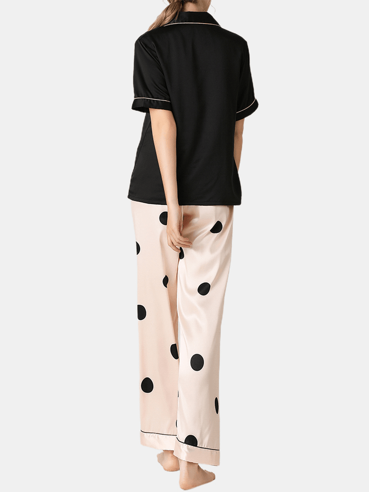 Women Black Revere Collar Short Sleeve Top Polka Dot Pants Faux Silk Home Pajama Set - MRSLM