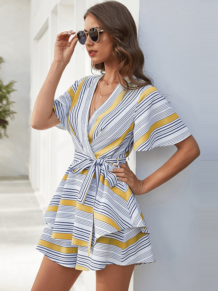 Women Casual Stripe Print V-Neck Backless Short Sleeve Short Jumpsuits - MRSLM