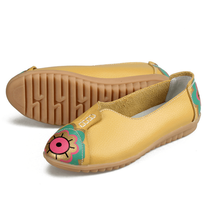 Sun Eye Flower Pattern Soft Leather Slip-Ons Lazy Driving Flat Loafers - MRSLM