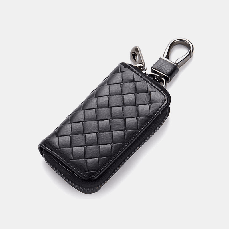 Unsiex Genuine Leather Double Zipper Hanging Woven Pattern Car Key Case Holder Keychain Wallet - MRSLM