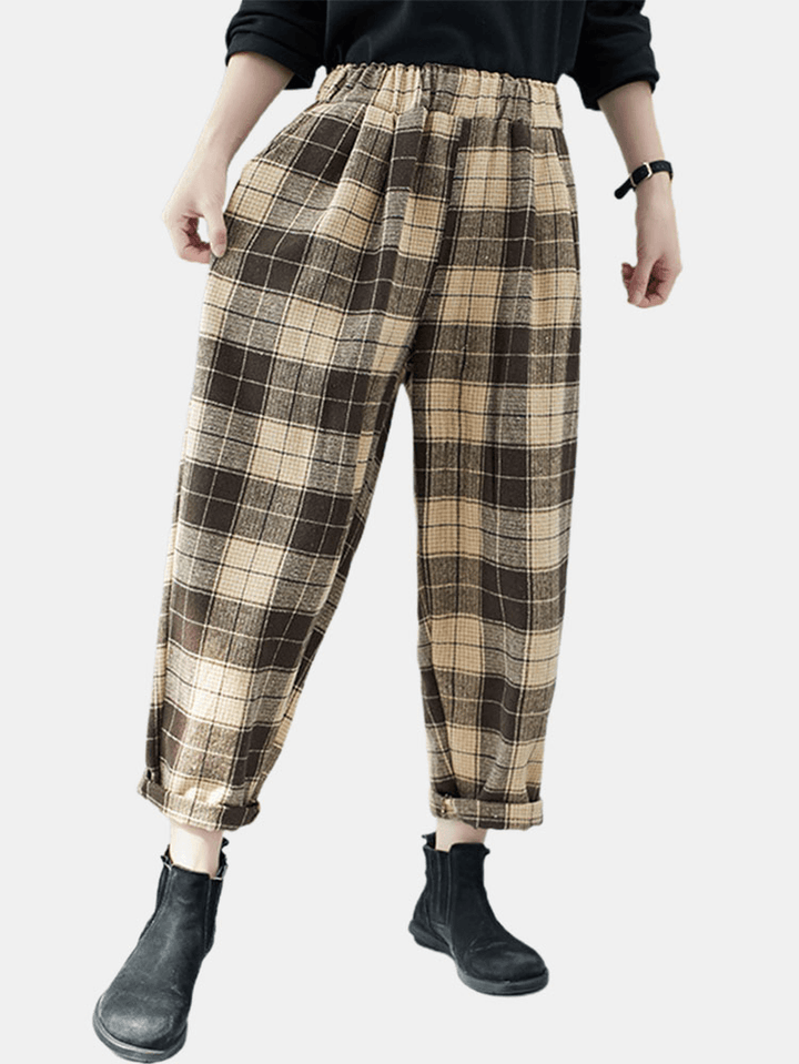 Women Plaid Color Block Elastic High Waist Side Pocket Harem Pants - MRSLM