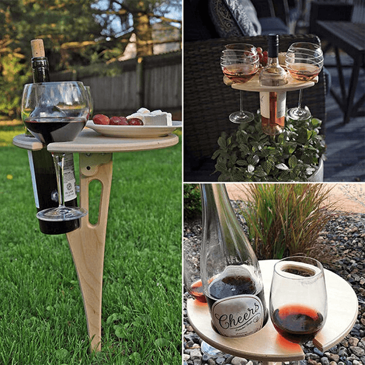 Ipree® Outdoor Drink Table Mini Wooden Rack Foldable round Desktop Easy Carry Desk Furniture Cup Glass Holder Picnic Table Party Camping Travel - MRSLM