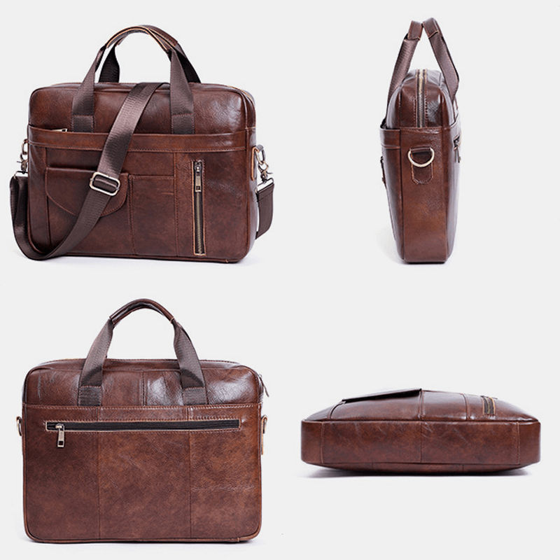 Men Multifunction Genuine Leather 15.6 Inch Laptop Bag Briefcases Retro Multi-Pocket Crossbody Bag Shoulder Bag - MRSLM