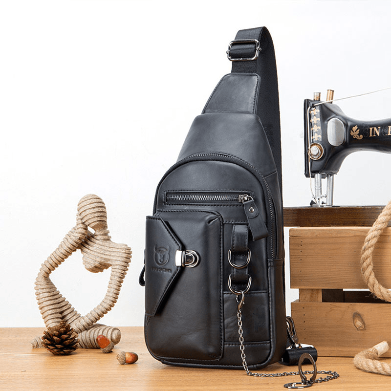 BULLCAPTIAN Men Multi-Pocket Soft Leather Chest Bag Vintage Mobile Phone Holder Chain Crossbody Shoulder Bag - MRSLM