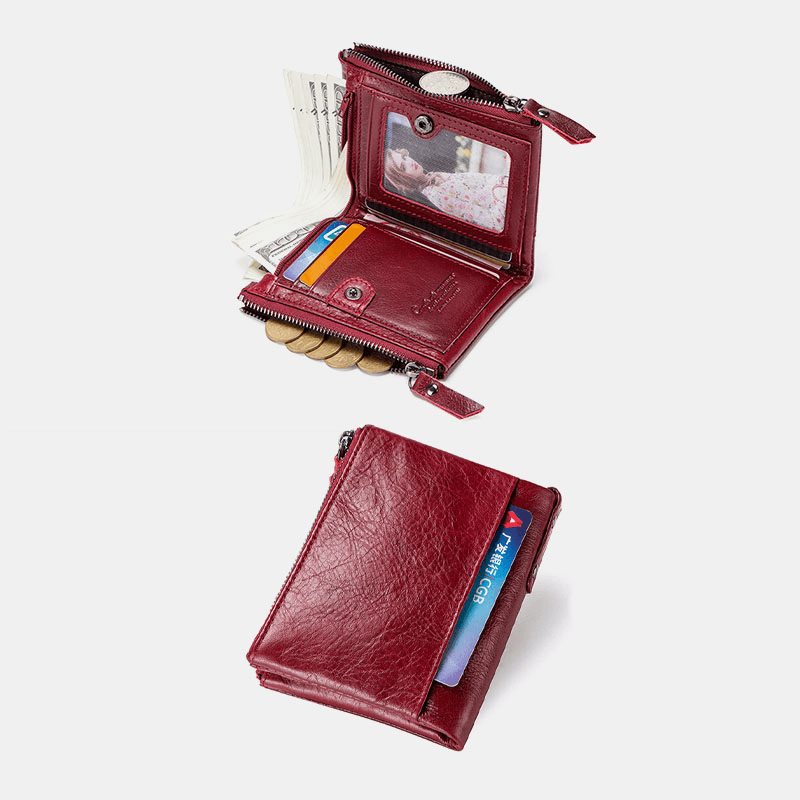 Genuine Leather Multifunction Multi-Slot Double Zipper Casual Brief Solid Color Card Holder Wallet - MRSLM