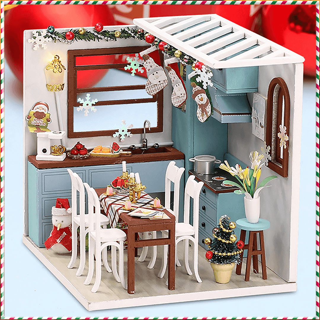 Wooden Dining Room DIY Handmade Assemble Doll House Miniature Furniture Kit Education Toy with LED Light for Collection Birthday Gift - MRSLM