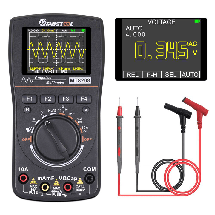 MUSTOOL MT8208 Intelligent Graphical Digital Oscilloscope Multimeter 2 in 1 with 2.4 Inches Color Screen 1Mhz Bandwidth 2.5Msps Sampling Rate for DIY and Electronic Test Upgraded from MT8206 - MRSLM