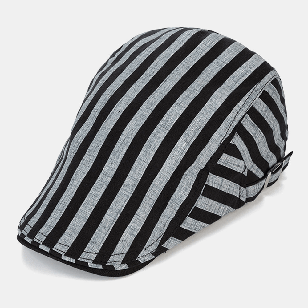 Men Cotton-Linen Striped Pattern Retro Forward Hat Flat Cap Beret Cap - MRSLM