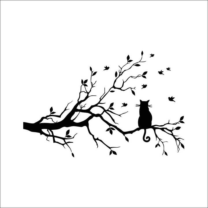 New Cute Cat on Long Tree Branch Removable PVC Wall Sticker Animals Cats Art Decal Beautiful Home Kids Room Decor Flying Birds Black Cat Animals Wall Sticking Poster - MRSLM