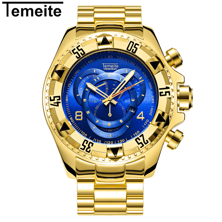 TEMEITE 020G Men Watch Business Waterproof Luminous Stainless Steel Calendar Three-Eyes Quartz Watch - MRSLM