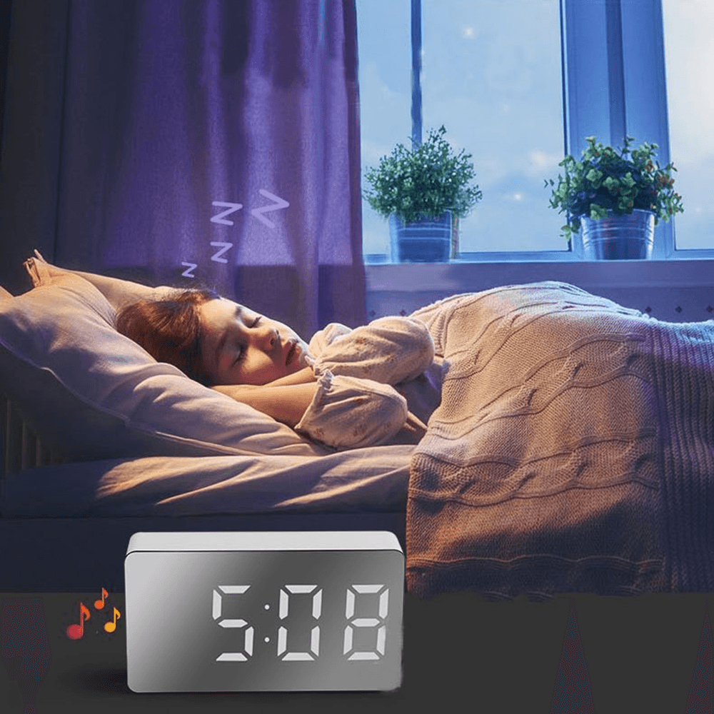 Digital USB LED Alarm Clock Mirror Snooze Display Time Night LCD Light Table Desktop for Home Decoration - MRSLM