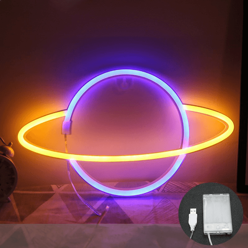 LED Planet Pattern Neon Light Dual-Use Battery USB Charging Home Room Decor Night Light for Club Bedroom Living Room Party Garden - MRSLM