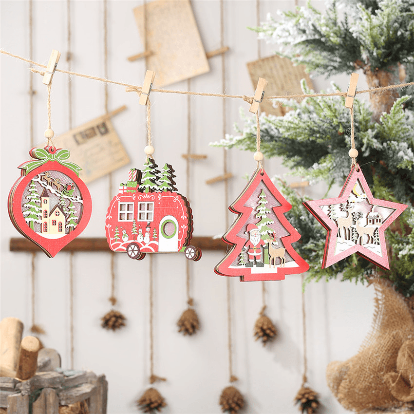 Christmas Star Wooden Pendants Ornaments Tree Decor Christmas Ornaments Hollow Wooden Pendant Creative Car Ornaments - MRSLM