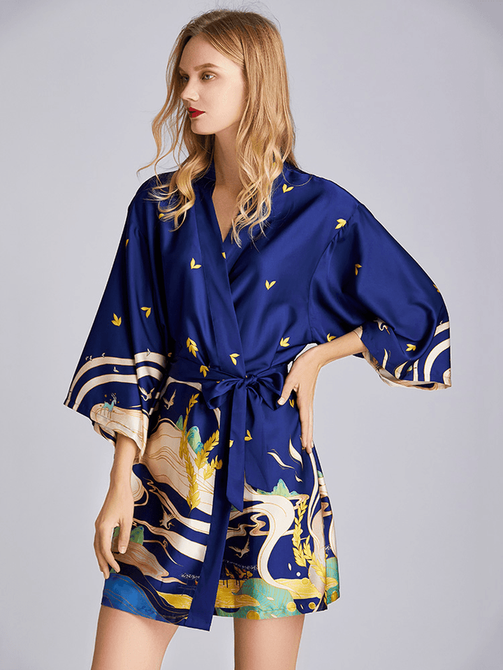 Summer V-Neck 3/4 Sleeve Printed Short Bathrobe Nightgown - MRSLM