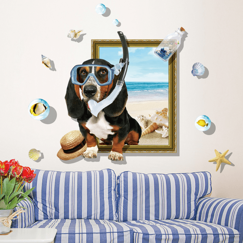 Miico Creative 3D Cartoon Summer Diving Dog Frame PVC Removable Home Room Decorative Wall Floor Decor Sticker - MRSLM