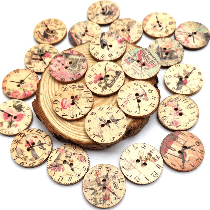 50PCS 25MM 2 Holes Decorative Clock Pattern Log Painted round Shape Fasteners Buttons - MRSLM