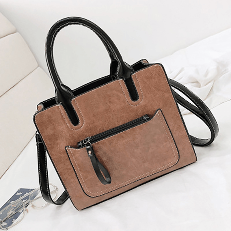 Women PU Leather Tote Handbag Retro Solid Leisure Crossbody Bag - MRSLM