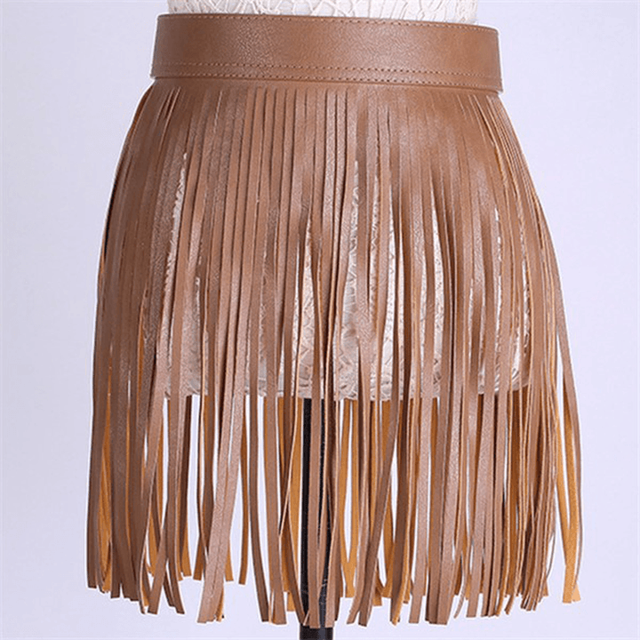 Women Tassel Fringed Belts Leather Snap Button Buckles - MRSLM