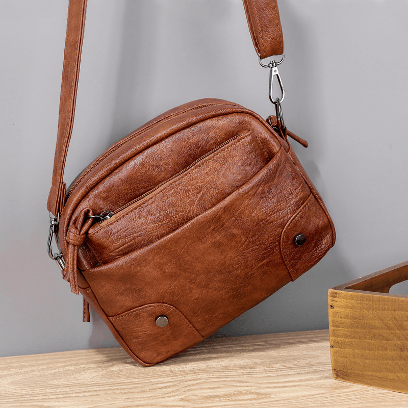 Women PU Leather Multi-Pocket Retro Fashion 6.3 Inch Phone Bag Soft Crossbody Bags Shoulder Bag - MRSLM