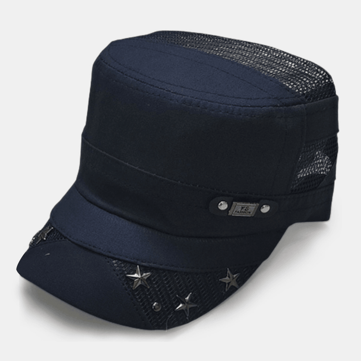 Men Mesh Metal Five-Pointed Star Flat Top Cap Military Caps Outdoor Travel Hollow Breathable Cadet Army Caps - MRSLM