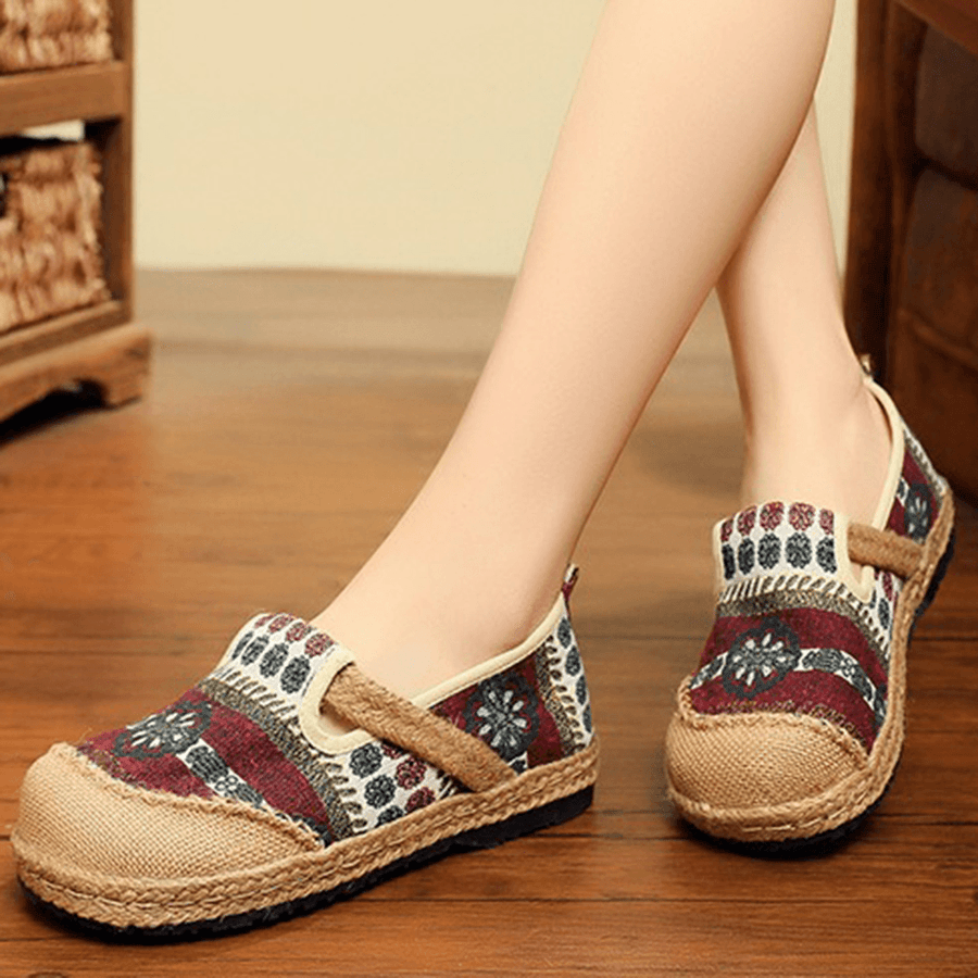 Women Linen Straw Pattern Casual Slip on Espadrille Flat Loafers - MRSLM