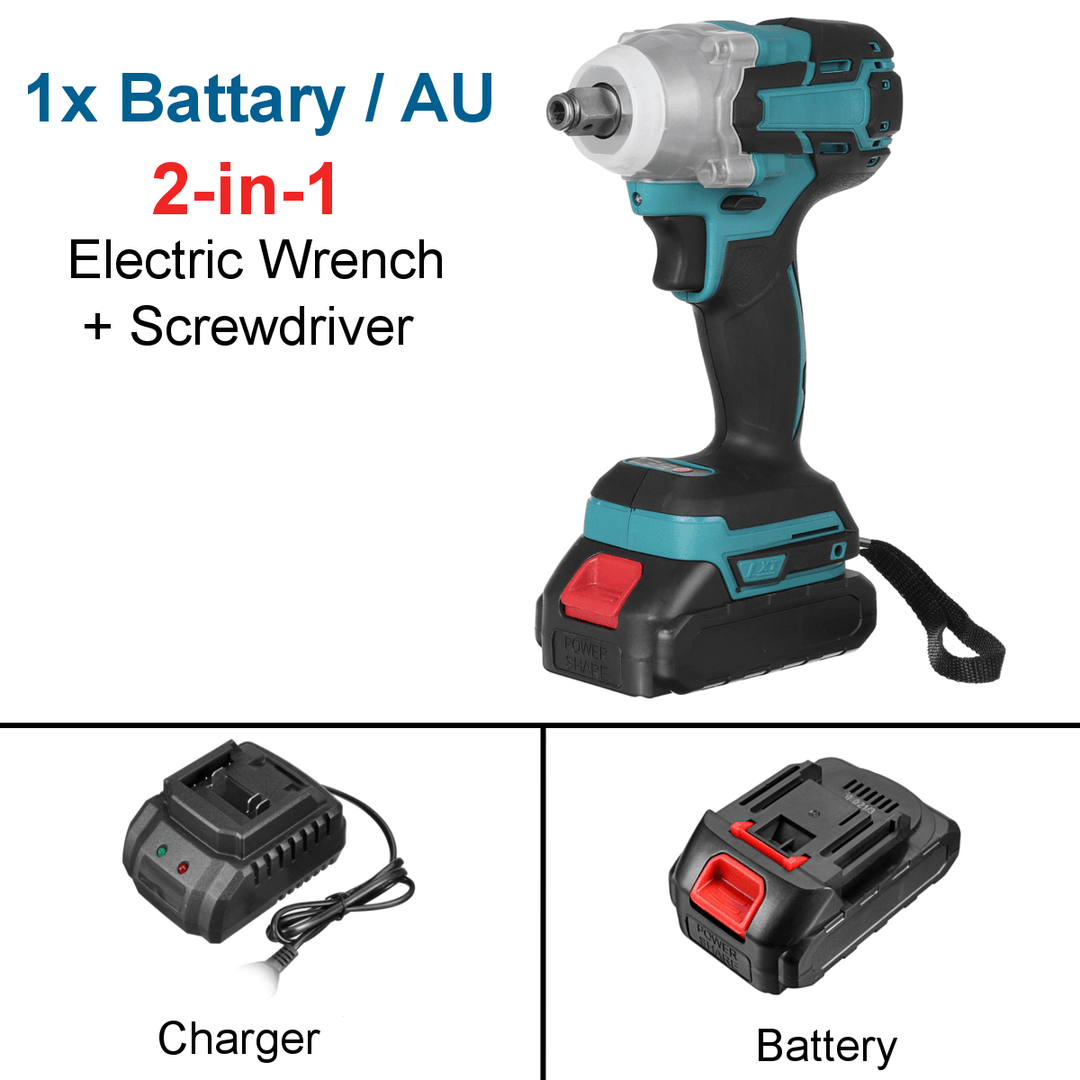 2 in 1 188VF 588N.M. Li-Ion Brushless Cordless Electric 1/2" Wrench 1/4"Screwdriver Drill W/ 1/2 Battery & 4 Sleeves - MRSLM