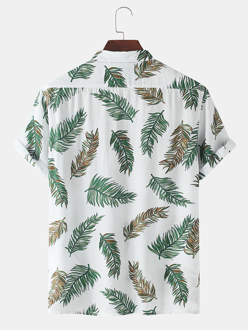 Mens Cotton Leaves Print Revere Collar Short Sleeve Shirts - MRSLM