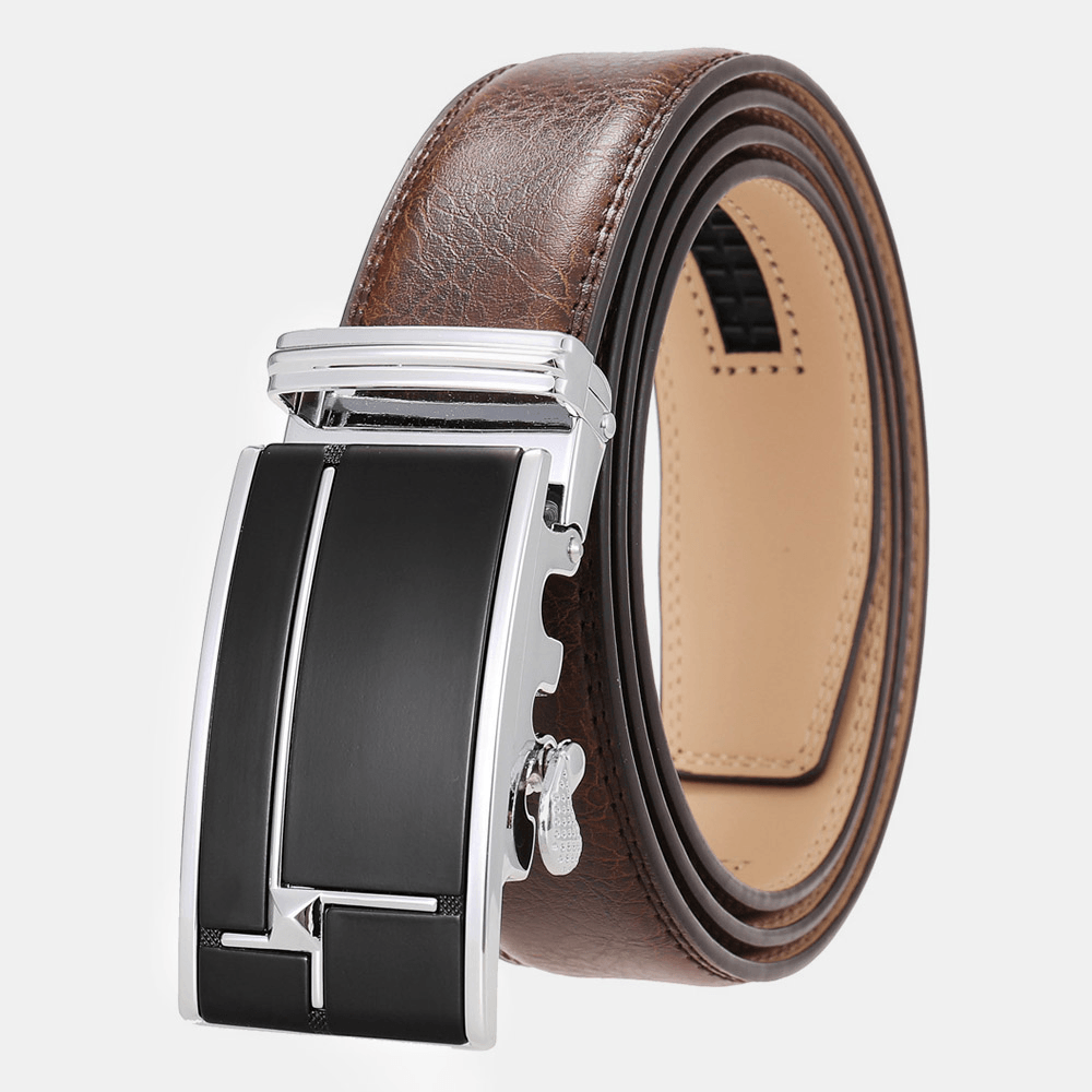 Men Genuine Leather Rectangular Alloy Automatic Buckle 3.5 CM Casual Business Wild Belt - MRSLM