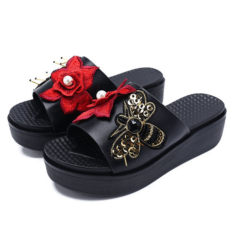 Women Summer Sandals Slip on Soft Sole Flower Embroidery Slippers - MRSLM