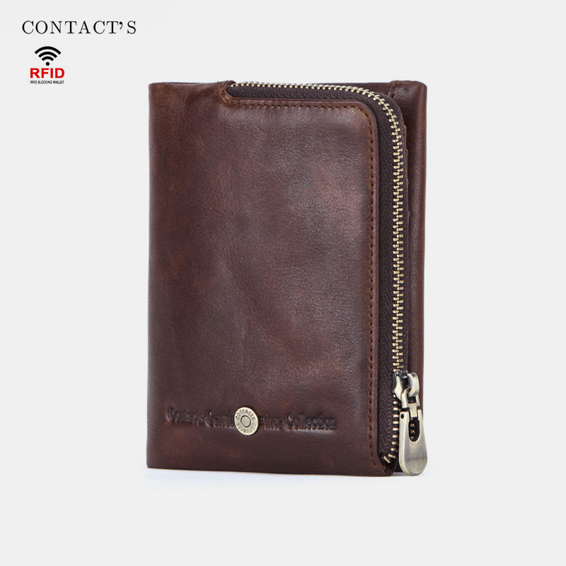 Men Genuine Leather RFID Anti-Theft Retro Business Durable Zipper Multi Card Slots Card Holder Wallet - MRSLM