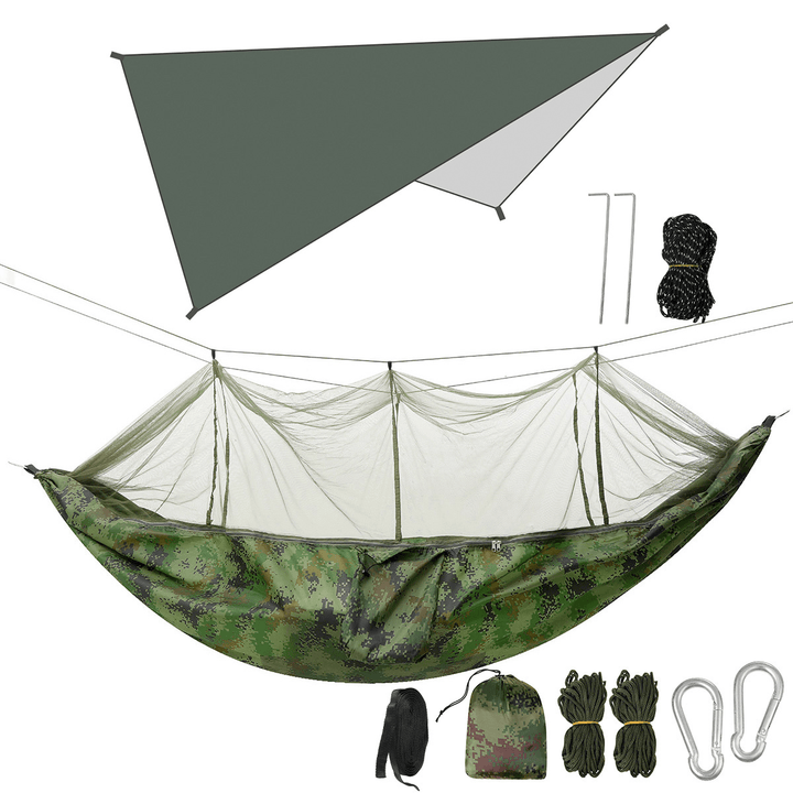 Double Person Camping Hammock with Mosquito Net + Awning Outdoor Hiking Travel Hanging Hammock Set Bearable 300Kg - MRSLM