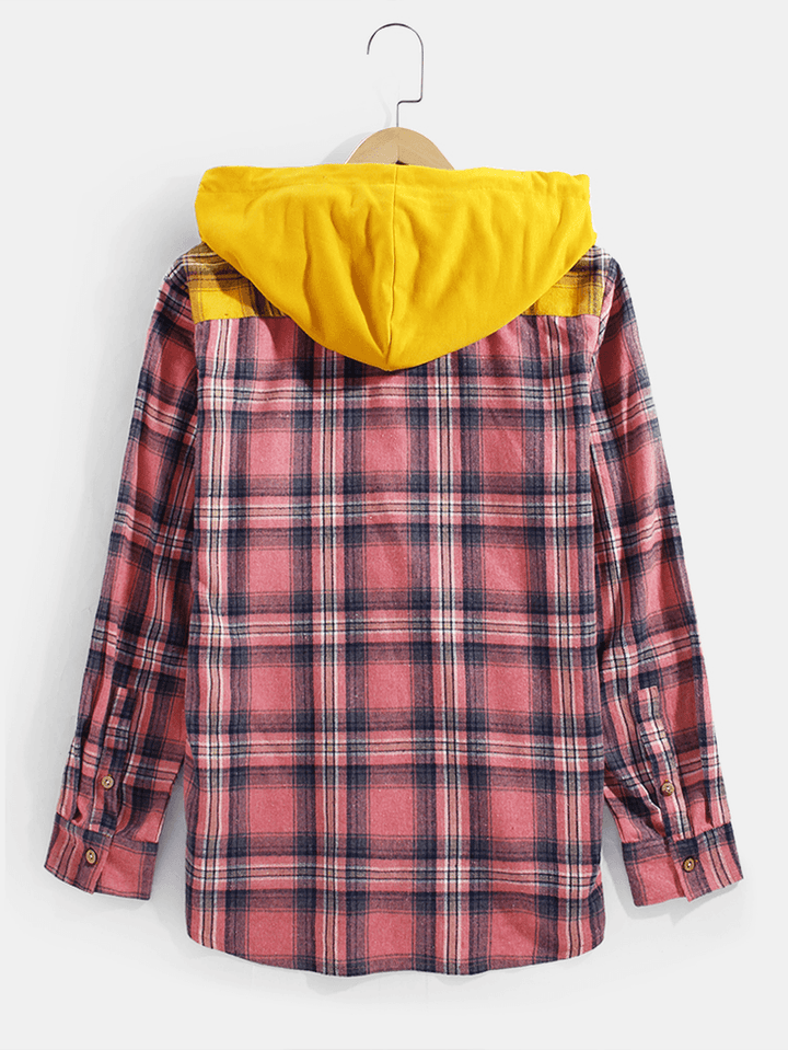 Mens Plaid Patchwork Button up Long Sleeve Hooded Shirts with Double Pocket - MRSLM