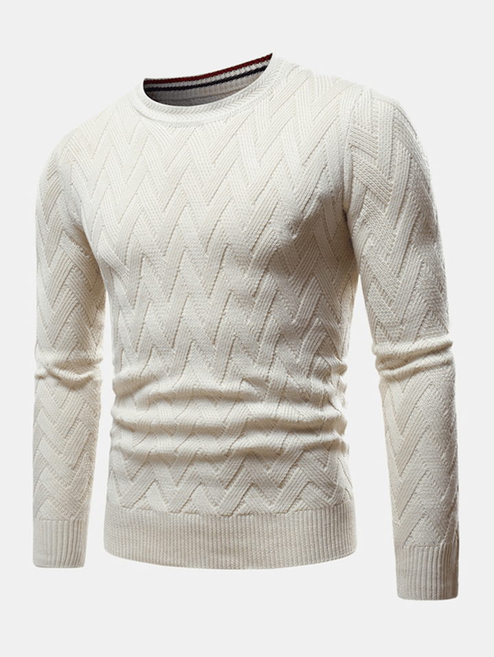 Mens Chevron Knitted Solid Color Crew Neck Slim Fit Casual Sweater - MRSLM