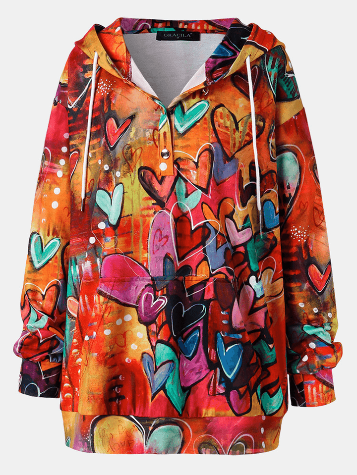 Women Colorful Graffiti Heart Print Long Sleeve Drawstring Hoodie with Kangaroo Pocket - MRSLM