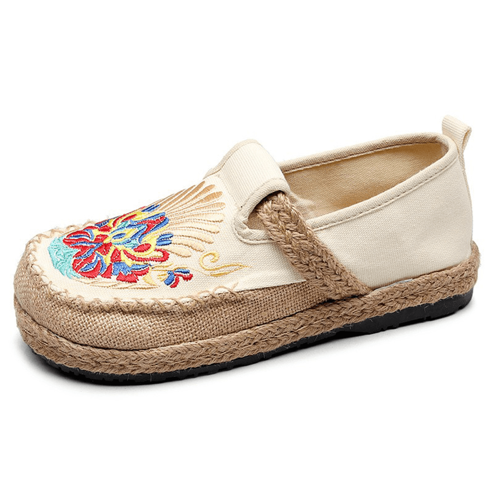 Women Linen Comfy Embroidery Straw Slip on Flat Loafers - MRSLM