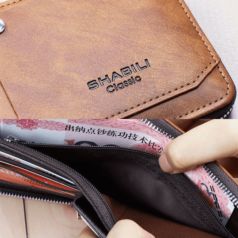 Men Faux Leather Retro Classical Draw Card Slot Bifold Zipepr Card Holder Wallet - MRSLM