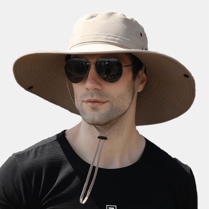 Men Dual-Use Anti-Uv Bucket Hat Big Brim Windproof Rope Adjustable Outdoor Fishing Sunshade Hat - MRSLM