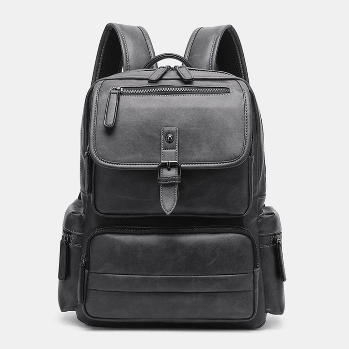 Men PU Leather Large Capacity Multi-Pocket Vintage 14 Inch Laptop Bag Backpack - MRSLM