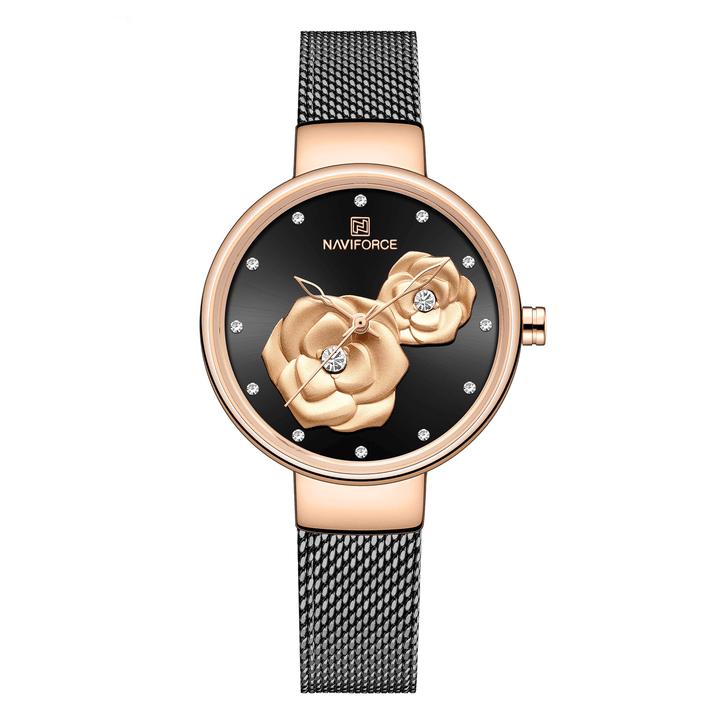 NAVIFORCE 5013 Emboss Dial Unique Style Ladies Wrist Watch Mesh Steel Band Quartz Watch - MRSLM