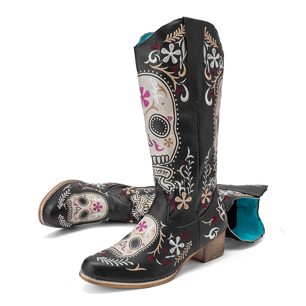 Women Color Kartoon Printed Embroidered Wear Resistant Chunky Heel Mid-Calf Boots - MRSLM