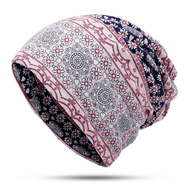 Womens Ethnic Slouchy Beanie Cap Scarf Outdoor Floral Double Layers Cotton Turban - MRSLM