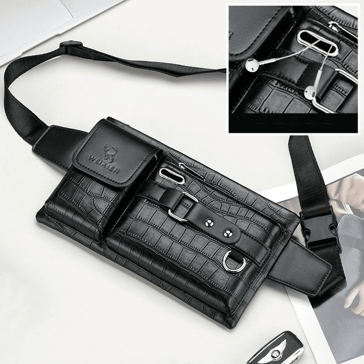 Men PU Leather Multi-Pocket Wear Resistant Chest Bag Waist Bag Headphone Hole Design 6.5 Inch Phone Bag Crossbody Bags - MRSLM