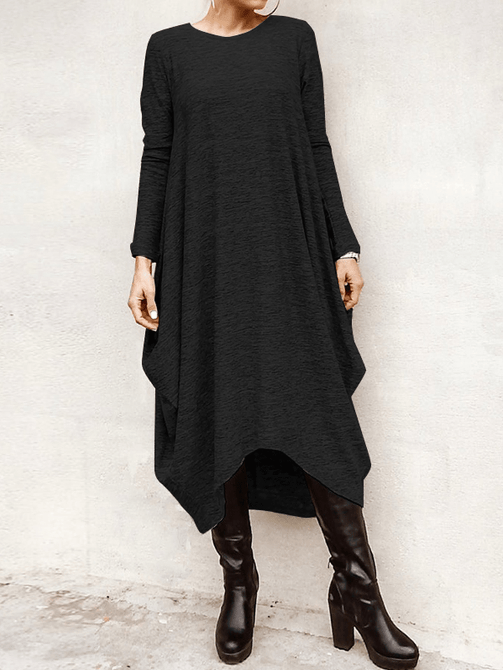 Women's Casual High Low Hem Midi Dress - Loose Fit with Long Sleeves - MRSLM