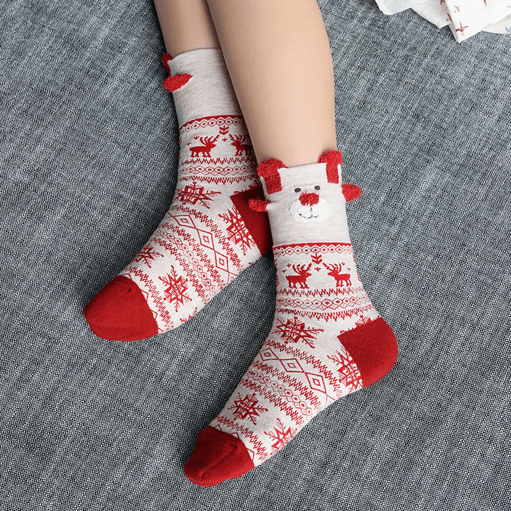 Women Cute Christmas Elk Cotton Socks Warm Soft Middle Tube Socks - MRSLM