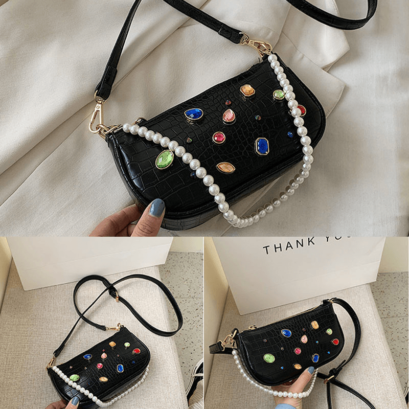 Women Crocodile Pattern Gem Shoulder Bag Crossbody Bag - MRSLM