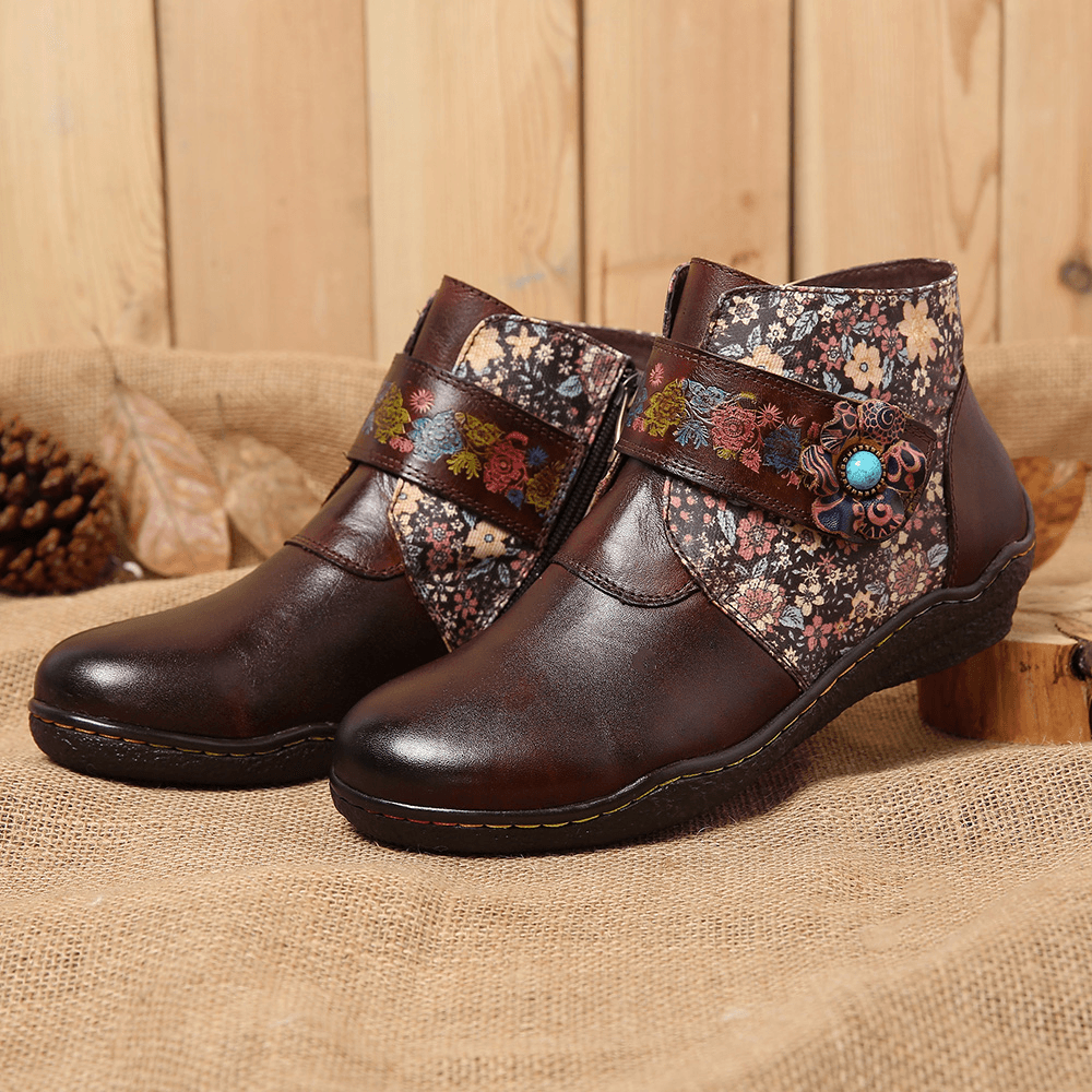 Retro Small Flowers Colorful Stitching Soft Leather Boots - MRSLM