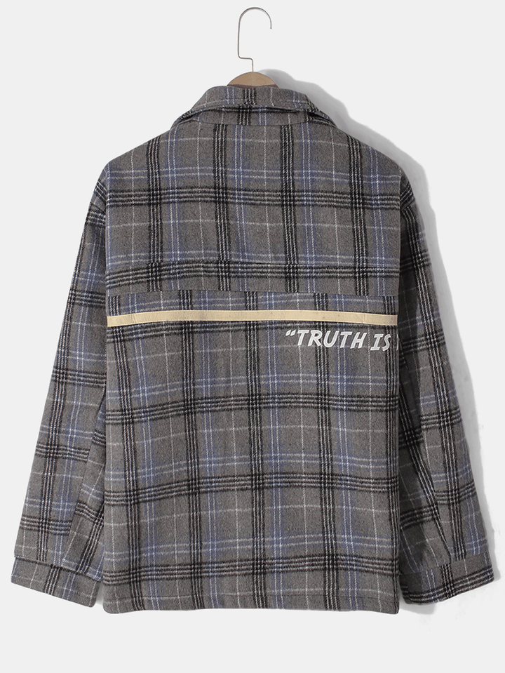 Mens Letter Print Plaid Zipper Warm Long Sleeve Jacket with Pocket - MRSLM