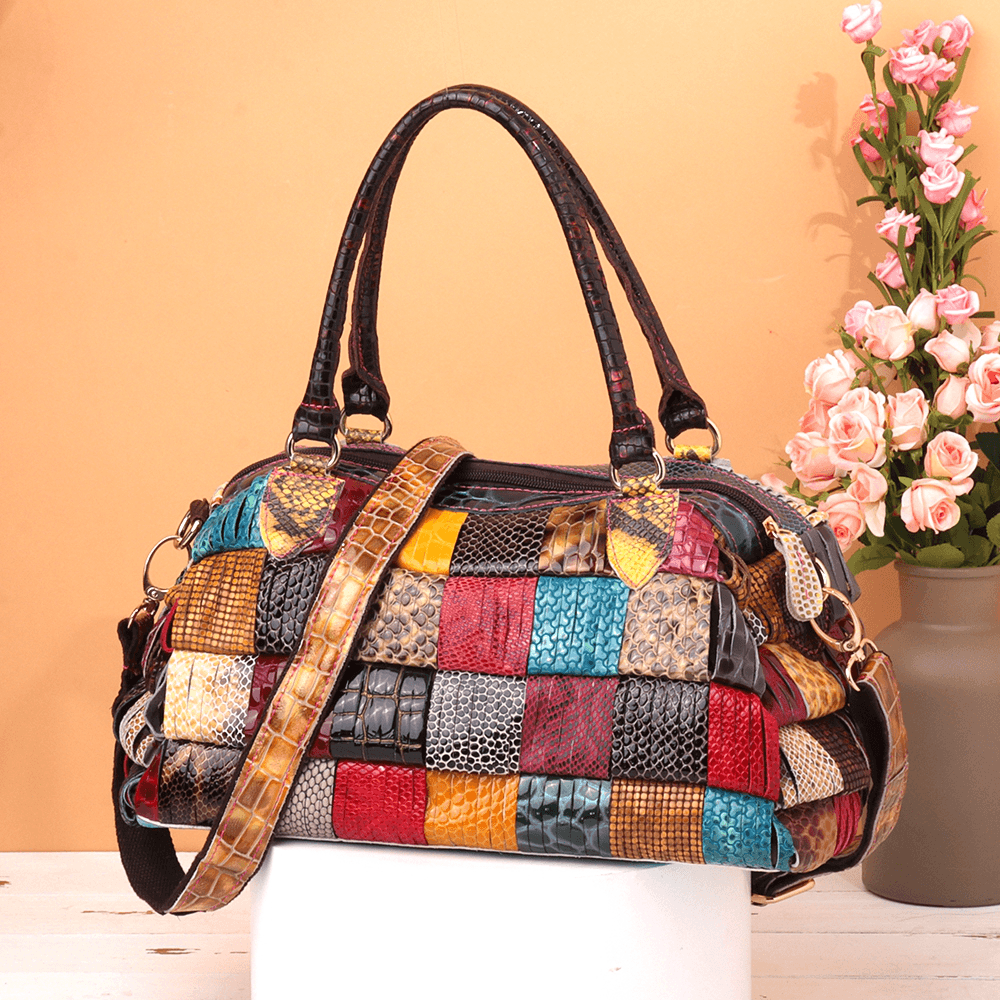 Women Bohemian Large Capacity Genuine Leather Handbag Patchwork Handmade Crossbody Bags - MRSLM